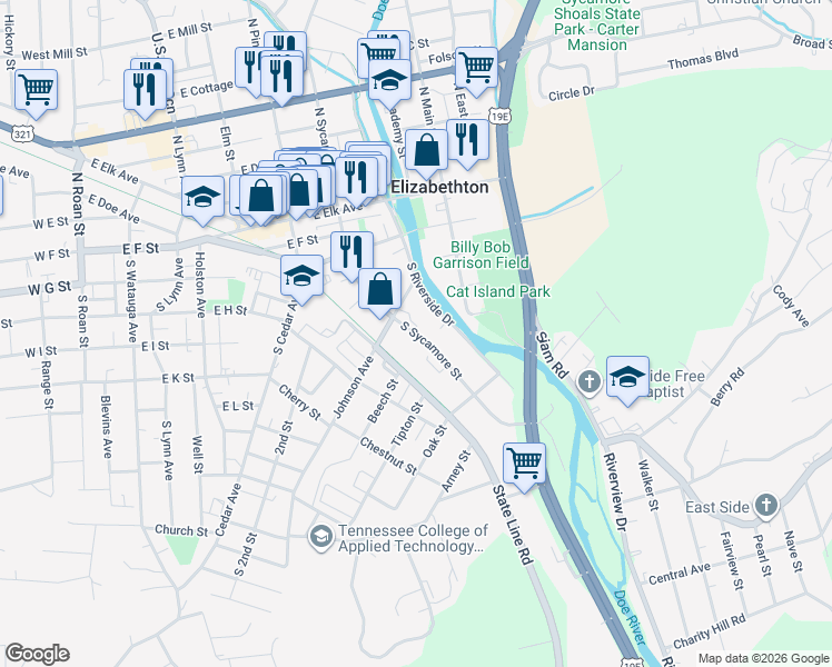 map of restaurants, bars, coffee shops, grocery stores, and more near 416 South Sycamore Street in Elizabethton