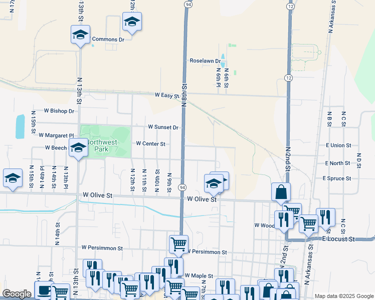 map of restaurants, bars, coffee shops, grocery stores, and more near 706 West Will Rogers Drive in Rogers