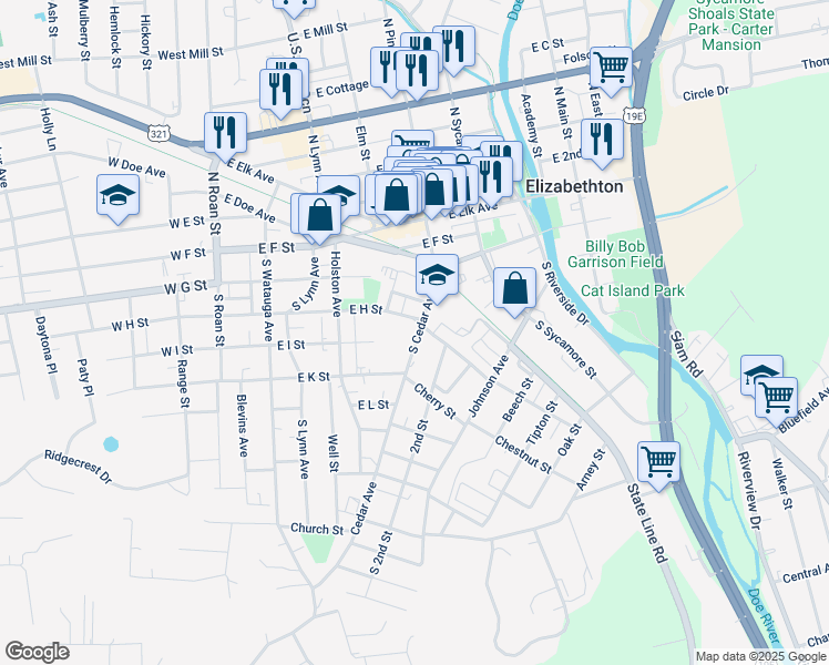 map of restaurants, bars, coffee shops, grocery stores, and more near 309 South Cedar Avenue in Elizabethton