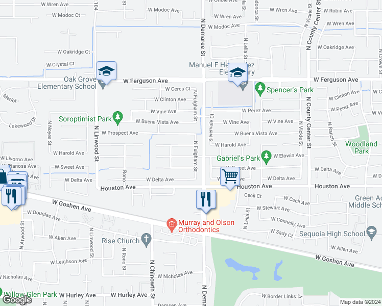 map of restaurants, bars, coffee shops, grocery stores, and more near 3738 West Elowin Avenue in Visalia