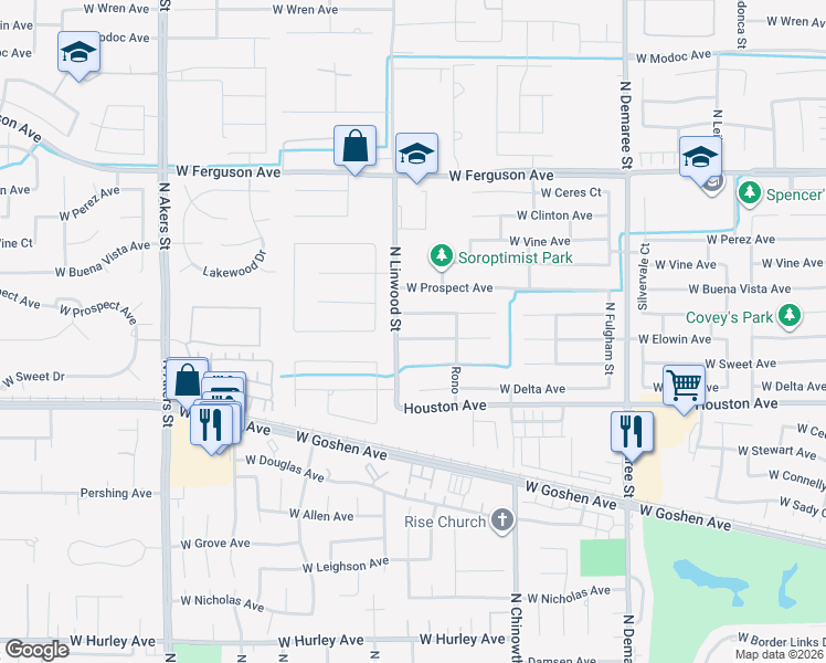 map of restaurants, bars, coffee shops, grocery stores, and more near 4422 West Elowin Avenue in Visalia
