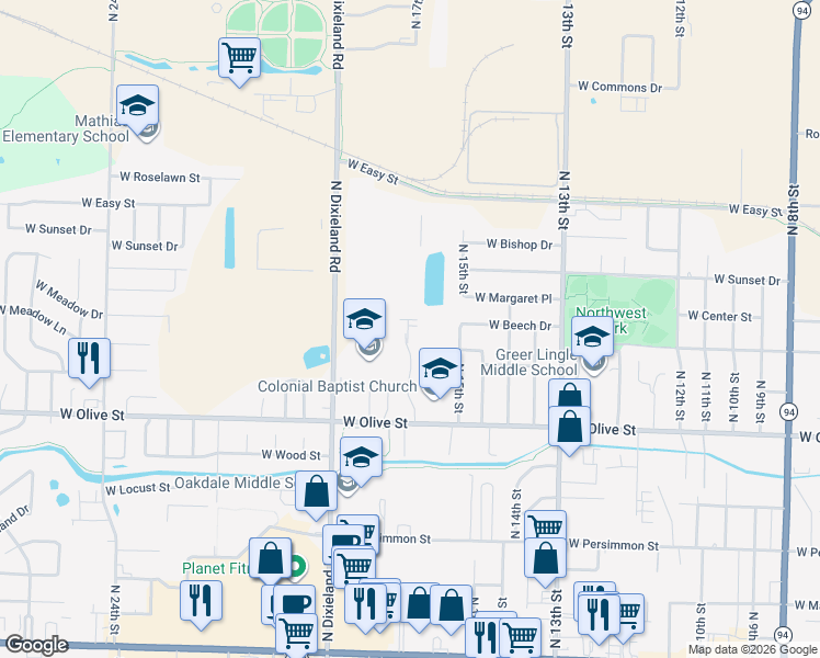 map of restaurants, bars, coffee shops, grocery stores, and more near 959 North 16th Street in Rogers