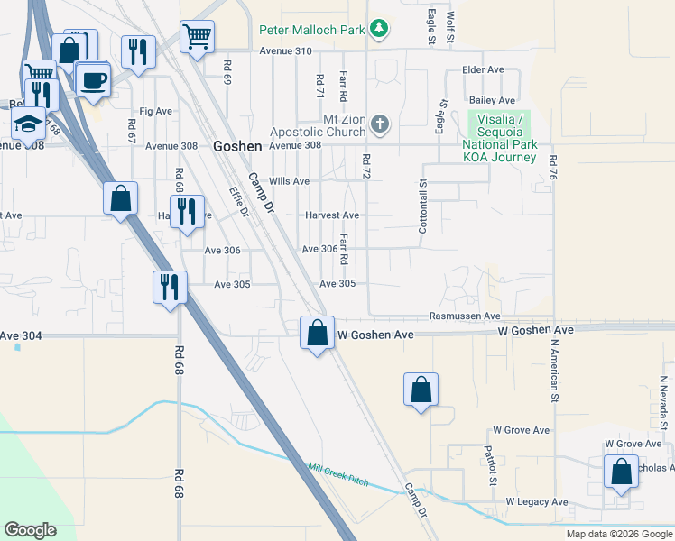 map of restaurants, bars, coffee shops, grocery stores, and more near 7101-7147 Ave 305 in Visalia