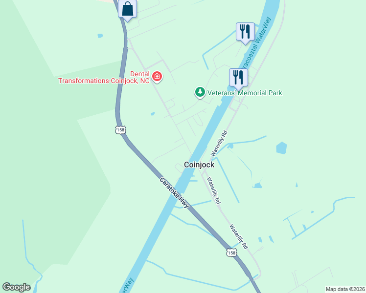map of restaurants, bars, coffee shops, grocery stores, and more near 112 Hampton Road in Coinjock