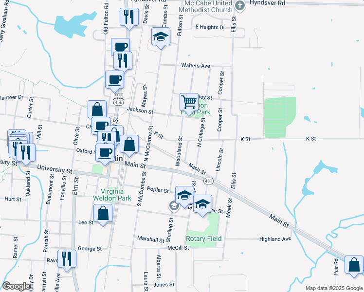 map of restaurants, bars, coffee shops, grocery stores, and more near 211 Woodland Street in Martin