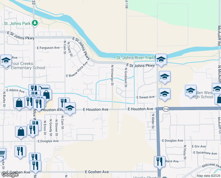 map of restaurants, bars, coffee shops, grocery stores, and more near 2331 East Harold Court in Visalia