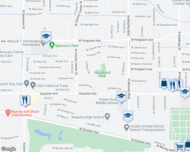map of restaurants, bars, coffee shops, grocery stores, and more near 1621 North Terrace Street in Visalia
