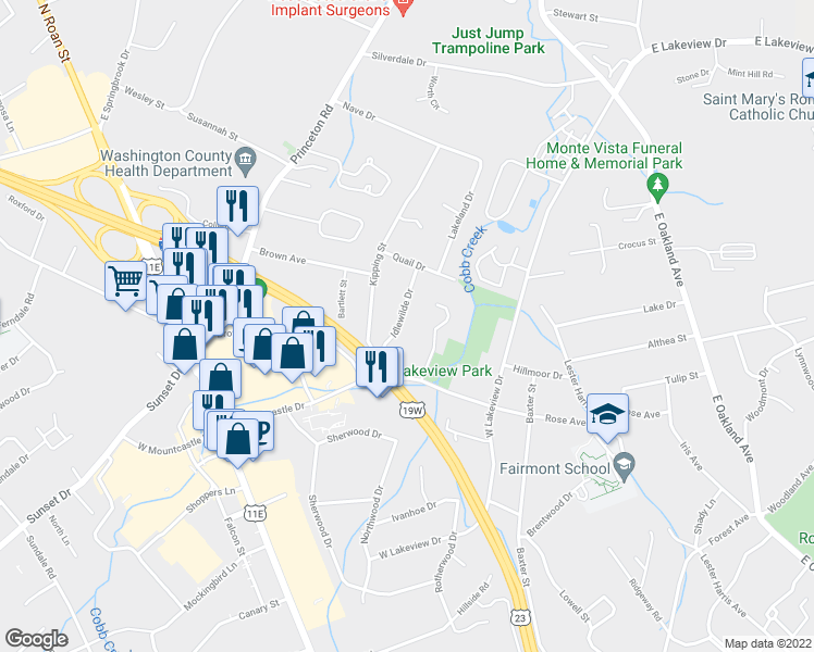 map of restaurants, bars, coffee shops, grocery stores, and more near 1602 Idlewild Drive in Johnson City