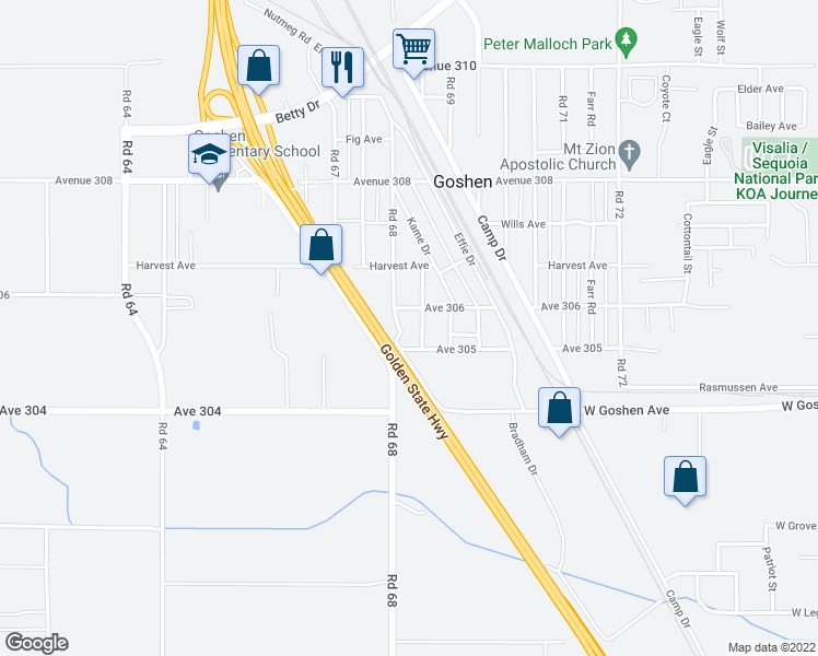map of restaurants, bars, coffee shops, grocery stores, and more near 30600 Road 68 in Visalia