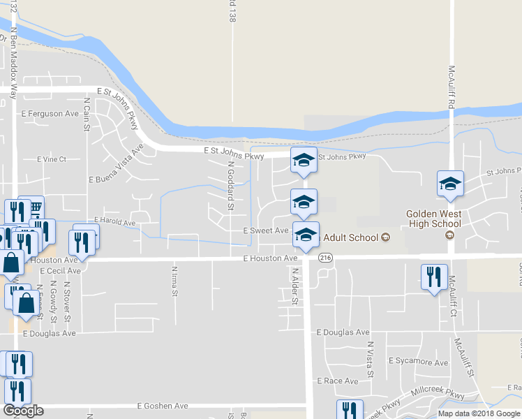 map of restaurants, bars, coffee shops, grocery stores, and more near East Norman Avenue & North Cedar Court in Visalia