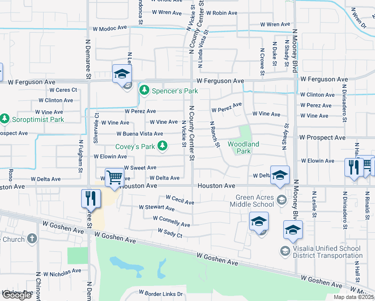 map of restaurants, bars, coffee shops, grocery stores, and more near 1702 North Vickie Street in Visalia