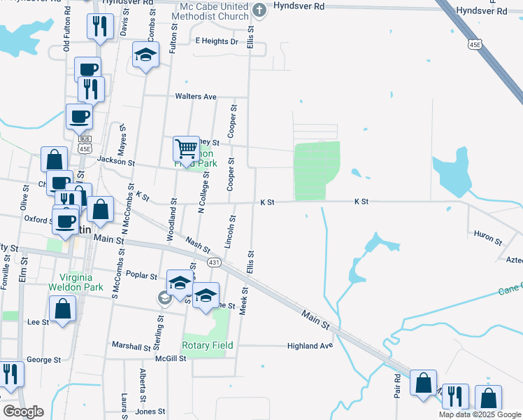 map of restaurants, bars, coffee shops, grocery stores, and more near 502 K Street in Martin