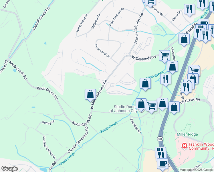 map of restaurants, bars, coffee shops, grocery stores, and more near 1100 West Mountainview Road in Johnson City