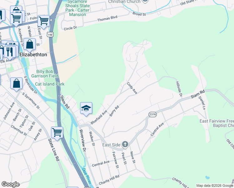 map of restaurants, bars, coffee shops, grocery stores, and more near 1133 Bluefield Avenue in Elizabethton