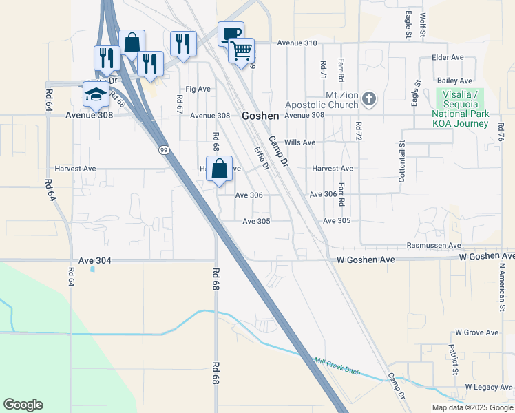 map of restaurants, bars, coffee shops, grocery stores, and more near 6877 Avenue 306 in Goshen