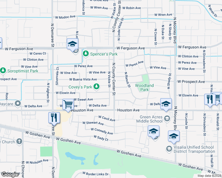 map of restaurants, bars, coffee shops, grocery stores, and more near 1612 North Vickie Street in Visalia