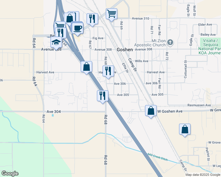 map of restaurants, bars, coffee shops, grocery stores, and more near 30600 Road 68 in Visalia