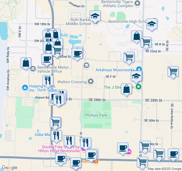 map of restaurants, bars, coffee shops, grocery stores, and more near 306 Southeast Jayhawk Boulevard in Bentonville