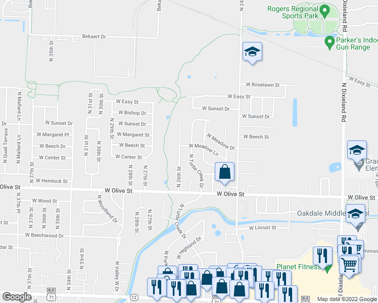 map of restaurants, bars, coffee shops, grocery stores, and more near 934 Turtle Creek Drive in Rogers