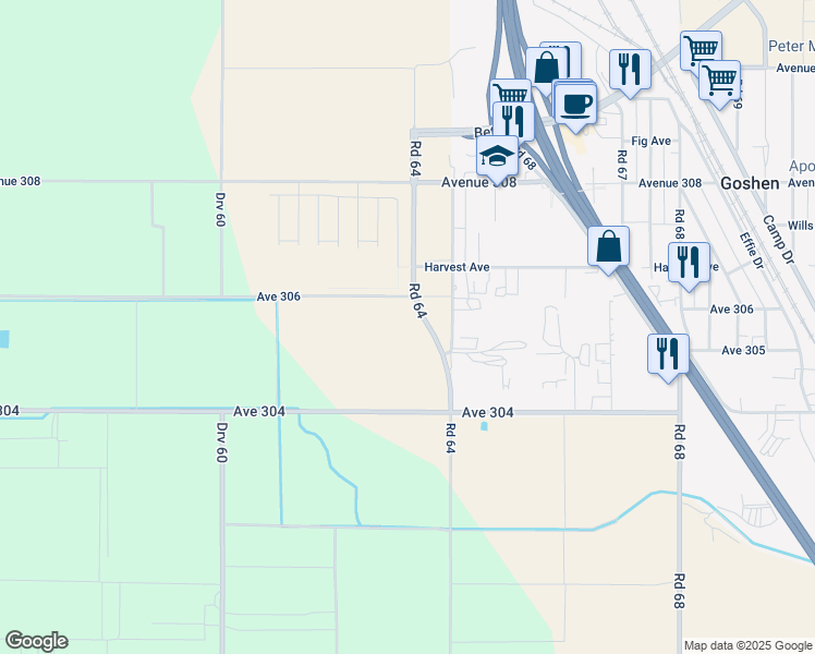 map of restaurants, bars, coffee shops, grocery stores, and more near Bushel Ave in Visalia
