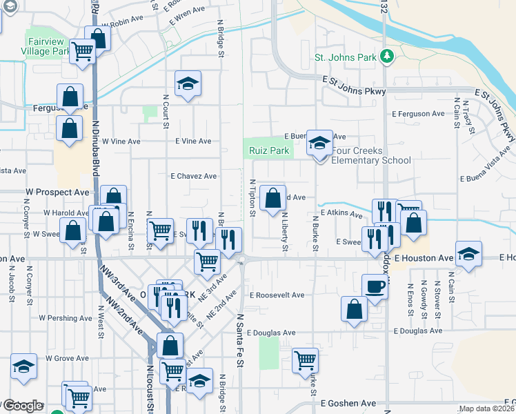 map of restaurants, bars, coffee shops, grocery stores, and more near 1644 North Tipton Street in Visalia