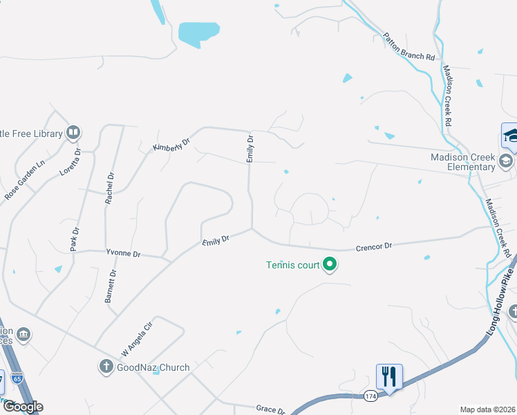 map of restaurants, bars, coffee shops, grocery stores, and more near 114 Wynlands Drive in Goodlettsville