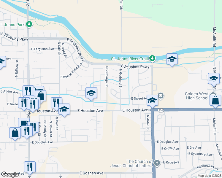 map of restaurants, bars, coffee shops, grocery stores, and more near East Parker Court & North Dunworth Court in Visalia