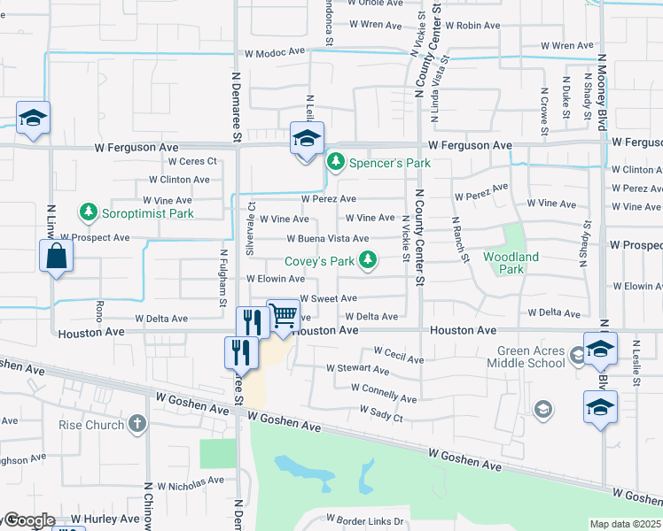 map of restaurants, bars, coffee shops, grocery stores, and more near 1621 North Mendonca Street in Visalia