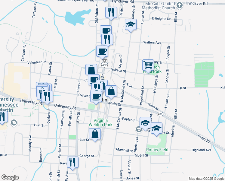 map of restaurants, bars, coffee shops, grocery stores, and more near 100 Broadway Street in Martin