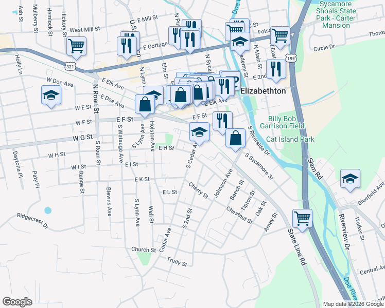 map of restaurants, bars, coffee shops, grocery stores, and more near 226 South Cedar Avenue in Elizabethton
