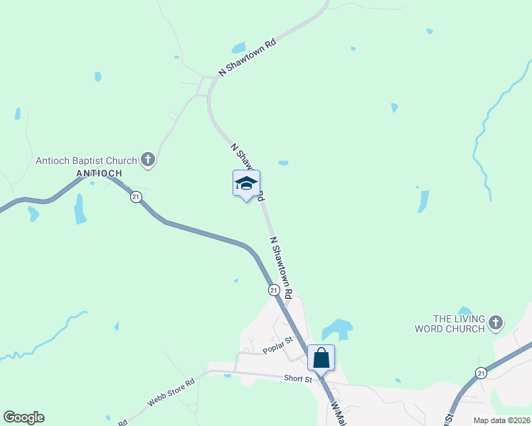 map of restaurants, bars, coffee shops, grocery stores, and more near 445 N Shawtown Rd in Hornbeak