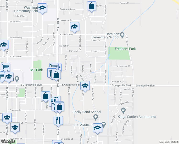 map of restaurants, bars, coffee shops, grocery stores, and more near 1826 Harding Avenue in Hanford