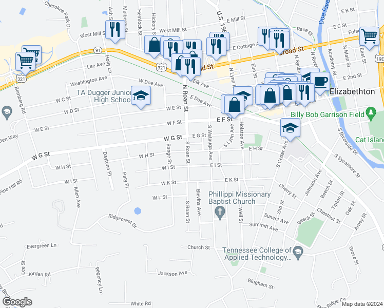 map of restaurants, bars, coffee shops, grocery stores, and more near 228 South Roan Street in Elizabethton