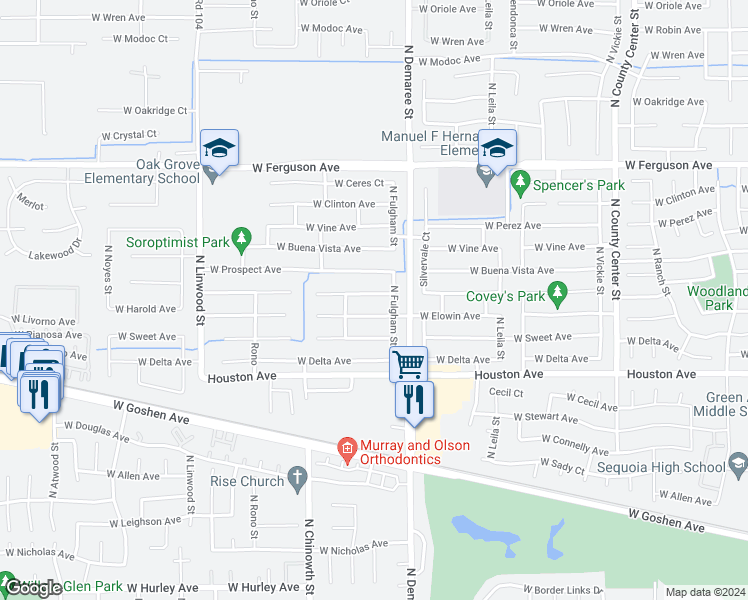 map of restaurants, bars, coffee shops, grocery stores, and more near 3805 West Harold Avenue in Visalia