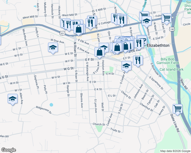 map of restaurants, bars, coffee shops, grocery stores, and more near 309 East H Street in Elizabethton