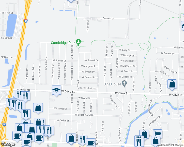 map of restaurants, bars, coffee shops, grocery stores, and more near 3406 West Beech Drive in Rogers
