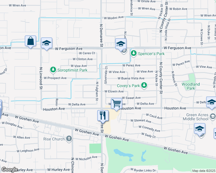 map of restaurants, bars, coffee shops, grocery stores, and more near 3627 West Harold Avenue in Visalia