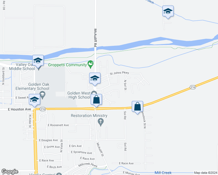 map of restaurants, bars, coffee shops, grocery stores, and more near 3841 East Harold Avenue in Visalia