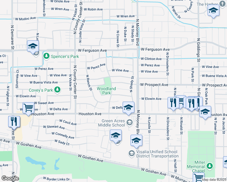 map of restaurants, bars, coffee shops, grocery stores, and more near 1700 North Woodland Street in Visalia