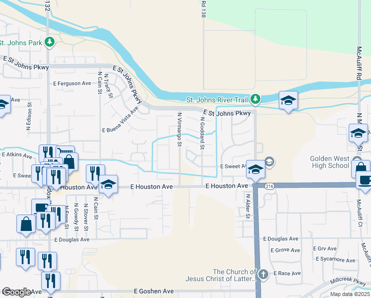 map of restaurants, bars, coffee shops, grocery stores, and more near 1707 North Dunworth Court in Visalia