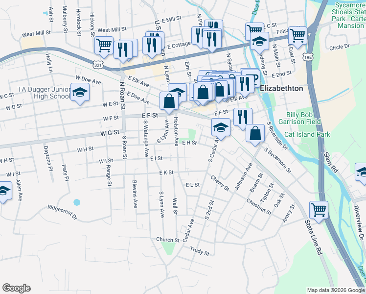 map of restaurants, bars, coffee shops, grocery stores, and more near 404 East H Street in Elizabethton