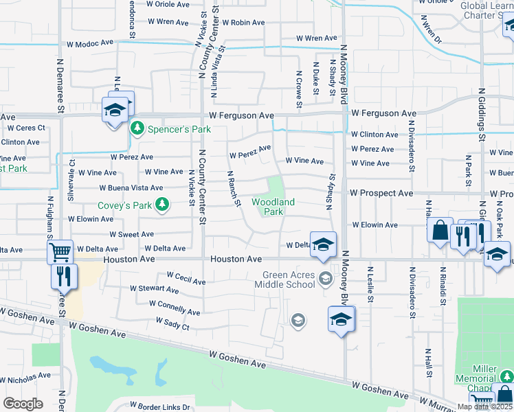 map of restaurants, bars, coffee shops, grocery stores, and more near 2514 West Prospect Avenue in Visalia