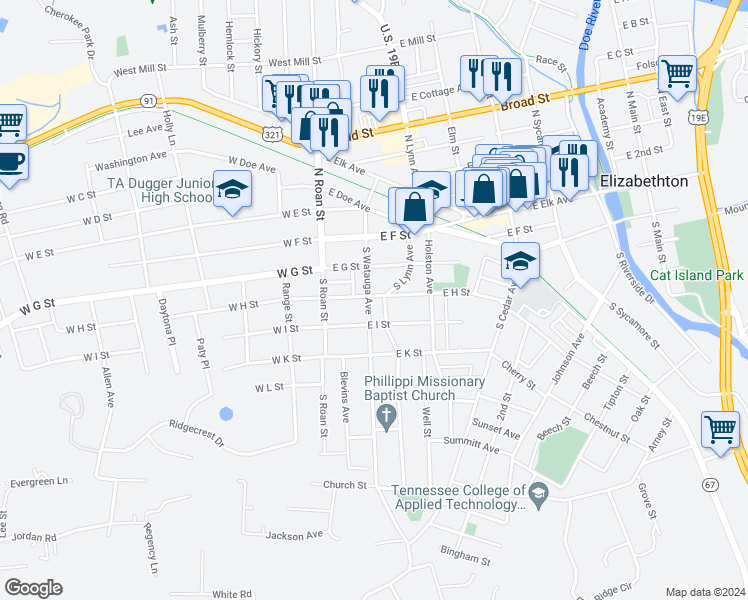 map of restaurants, bars, coffee shops, grocery stores, and more near 214 South Watauga Avenue in Elizabethton