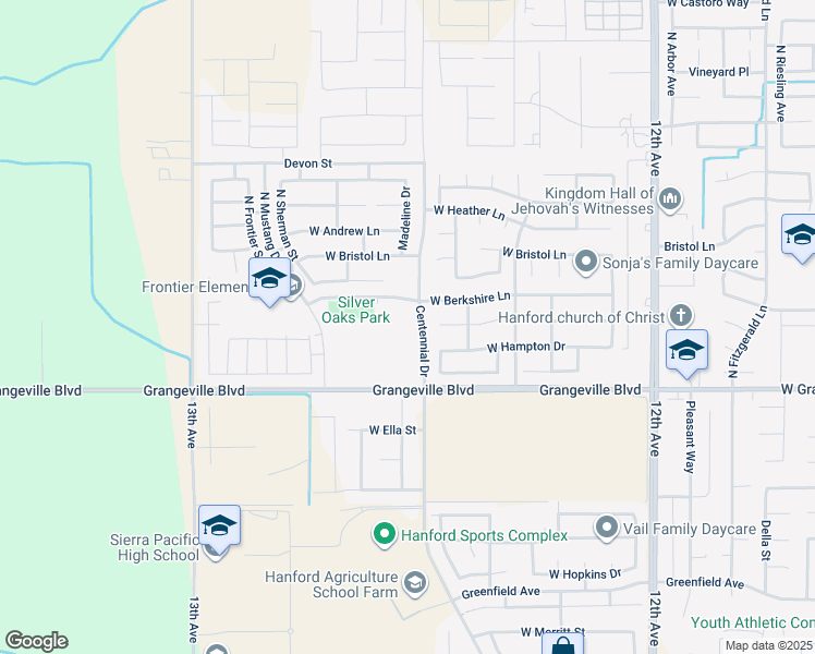 map of restaurants, bars, coffee shops, grocery stores, and more near 1850 Centennial Drive in Hanford