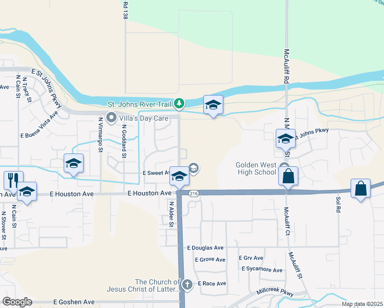 map of restaurants, bars, coffee shops, grocery stores, and more near 1800 North Lovers Lane in Visalia
