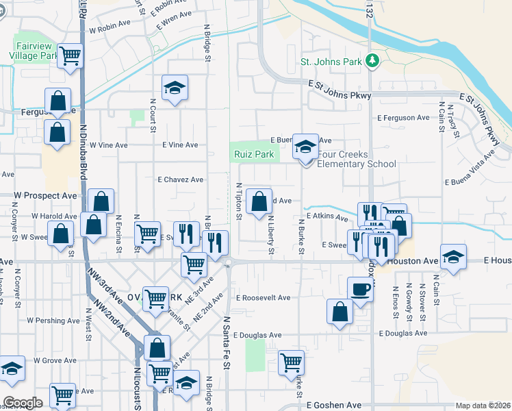 map of restaurants, bars, coffee shops, grocery stores, and more near 630 East Harold Avenue in Visalia