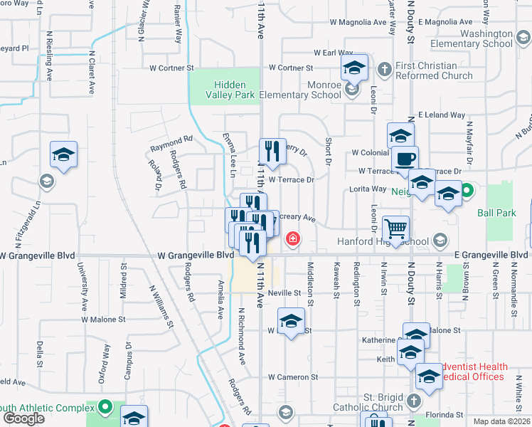 map of restaurants, bars, coffee shops, grocery stores, and more near 1807 North 11th Avenue in Hanford