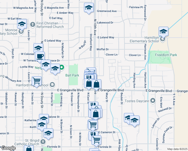 map of restaurants, bars, coffee shops, grocery stores, and more near 1800 North 10th Avenue in Hanford