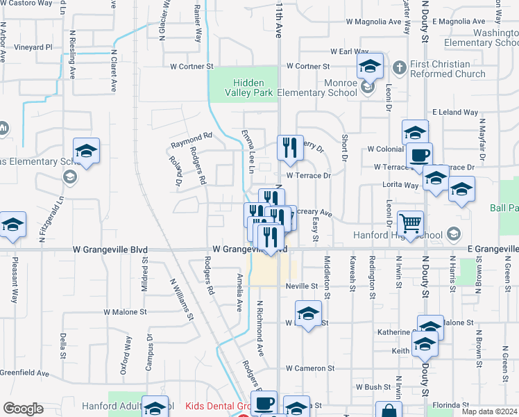 map of restaurants, bars, coffee shops, grocery stores, and more near 851 Jana Way in Hanford
