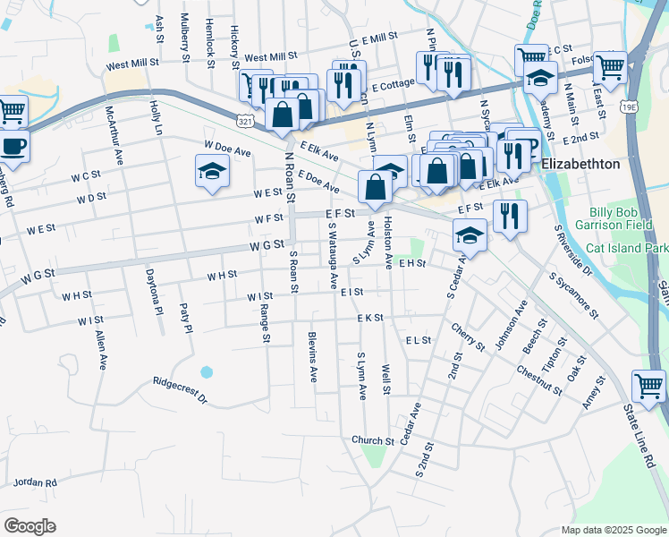 map of restaurants, bars, coffee shops, grocery stores, and more near 214 South Watauga Avenue in Elizabethton